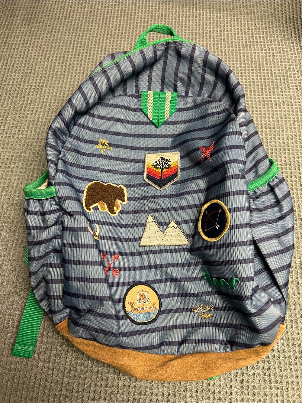 Kids Striped Backpack with Green Trim and Adventure Patches